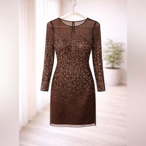 Adrianna Papell Chocolate Brown Long Sleeve Sequin Sheath Dress